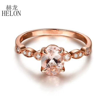 HELON Pevné ružové Zlato 14K Bezchybný Elipsovitý Rez 6x8mm Morganite Diamanty, Zásnubný Prsteň Ženy Starožitné Ročník Módnej Jemné Šperky