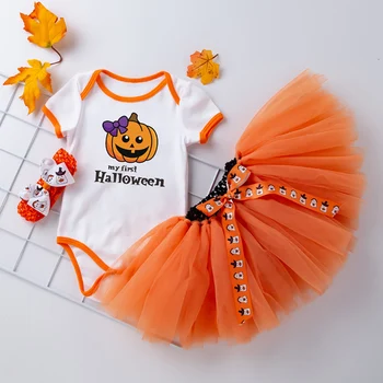 Baby Dievčatá Halloween List Oblečenie Detské Dojčenské Oblečenie Zlato Čipky Tutu Tekvica Romper Sukne Čelenky 3KS Bebes Kostým