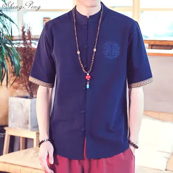 Ľanové košele mužov Tradičné čínske oblečenie pre mužov, Čínsky orientálna tričko wing chun oblečenie muž plátenná košeľa Q692