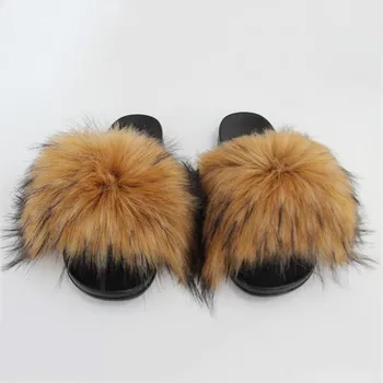 Ženy Umelú Kožušinu Papuče Fuzzy Vegánska Pierko Listov Načechraný Otvorené Prst Sandále Vnútorné Vonkajšie