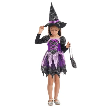 Deti, Dievčatá Halloween Čarodejnice Kostýmy, Šaty Cosplay Oblečenie Lístkového Dlhý Rukáv Šaty+Ručné Candy Bag+Čarodejnice Klobúk Úlohu Hrať Vyhovuje