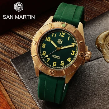 San Martin CUSN8 Bronz Nové Muži Hodinky Automatické Mechanické Náramkové hodinky Sapphire Gumy Popruh Svetelný 200 M vodotesnosť Hodiniek