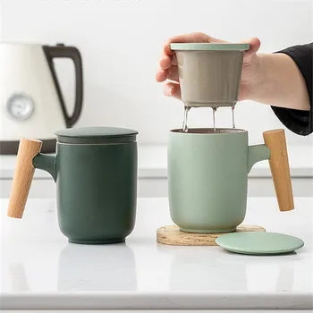 Keramické matné domácnosť kancelária drevená rukoväť hrubo keramické osobné hrnček s kryt filtra čaj oddelenie čaj, takže šálka
