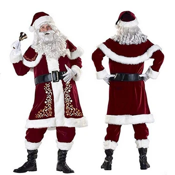 8pcs Nastaviť Vianoce, Santa Claus Vyhovovali Dospelých Vianočné Cosplay Kostým Červená Deluxe Zamatová Chuť Xmas Party Muž Rodiny Kostým