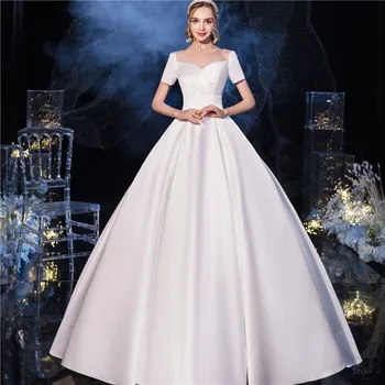 TIXLEAR Elegantný, jednoduchý štýl Námestie Krku Saténové svadobné šaty S Vlakom župan de mariee nevesta šaty manželstvo šaty
