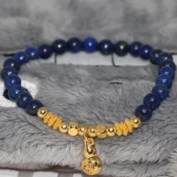 Prírodný kameň lapis lazuli náramok pre ženy 6 mm gold-farba dištančné módne modrá okrúhle korálky starožitné šperky 7.5 palcový B1929