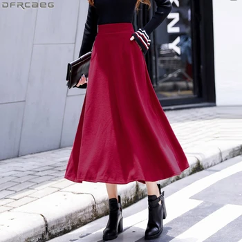 Streetwear Módy Maxi Sukne Plus Veľkosť Vintage Dlhé Sukne Elastické Vysoký Pás Saias Červená Zelená Čierna V Zime Vlnené Dámy Sukne