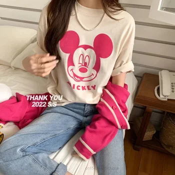 Disney Mickey Mouse Kórejský Štýl 2022 Lete Karikatúra Tlače Krátky Rukáv Voľné Tee Top Žena Streetwear Estetické Oblečenie Pre Ženy