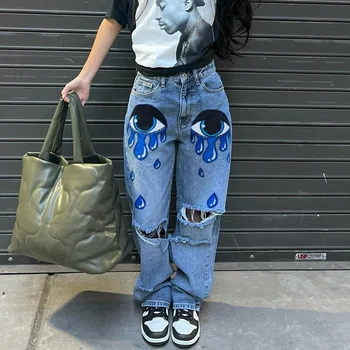 Ripped Tlač Jean Veľké Femme Y2k Hip Hop Streetwear Svetlo Modrej Polovici Pás Džínsové Nohavice Módne Všetkých Ročných Obdobiach Dámy Goth Nohavice