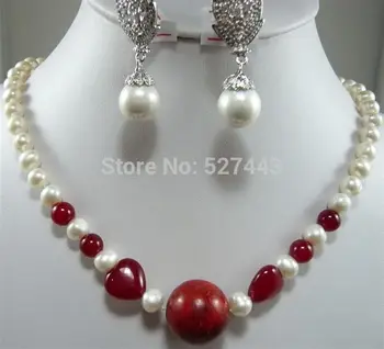 Veľkoobchod JWEW6529 White pearl& Ruby Náhrdelník Shell Náušnice Nastaviť (A0423)
