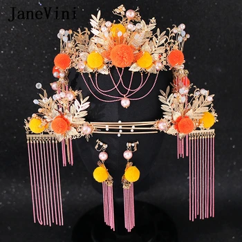 JaneVini 2020 Čínskej Tradičnej Pompom Svadobné Headpiece Korálkové Kostým Ružová Sponky Do Vlasov Strapec Svadobné Šperky, Vlasové Doplnky