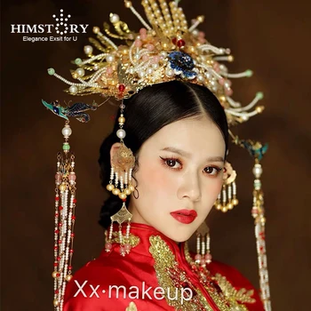 HIMSTORY Nádherný Retro Čínsky Ohnivák Coronet Hairwear Prehnané Páva Fáze Kráľovná Svadobné Headdress Svadobné Vlasy Príslušenstvo