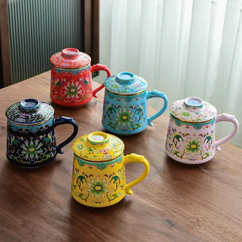 Hrnček na Čaj oddelenie pohár smalt farba šéf pohár ručné keramické office pohár vody pre domácnosť filter šálku čaju s krytom