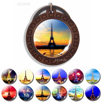 Romantické Šperky Eiffelova Veža Foto Sklo Cabochon Drevené Keychain Paris Tour Pamätník Keyring Najlepší Francúzsky Symbol Znamenia Darček
