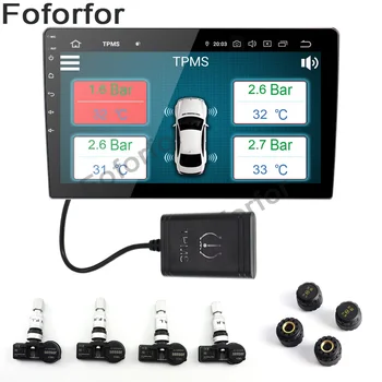 Foforfor Auto Elektronické Sledovanie Tlaku v Pneumatikách Systém Bezdrôtový TPMS S 4 Externých Snímačov vhodné Pre Android7.1 Android 8/8.1/9