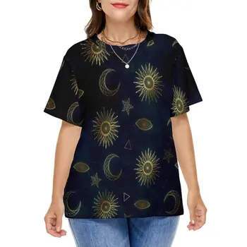 Magický Symbol T-Shirt Zlata, Mesiac, Slnko, Hviezdy Cool Tričká Krátky Rukáv Street Wear Tee Tričko Pláži Grafické Oblečenie Plus Veľkosti 6XL
