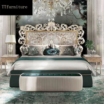 moderný európsky taliansky masívneho dreva posteľ Módne Vyrezávané luxusné francúzske spálňa nastaviť nábytok king size jxj52