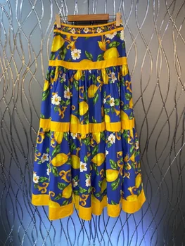 100%Bavlna Dlhé Sukne 2022 Letné Módy Sukne Vysoko Kvalitné Ženy Tropické Vytlačí Bežné Dlhé Modré Maxi Sukne Oblečenie
