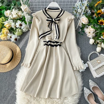 College Elegantné Sladké Šaty Na Jeseň Roku 2019 Nový Vintage Bowknot Slim Pletené Šaty Módne Temperament Šaty Strany Vestidos