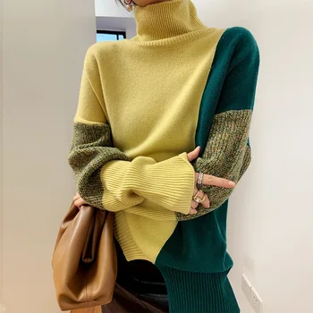 2022 Vysoká krku kontrast sveter žien voľné jeseň zima nový sveter klesnutie tričko žltá zelená sveter Pulóver