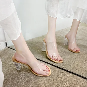 Transparentné Vysoké Podpätky Dámy Štvorcové Prst Sandále Letné Topánky Crystal Jelly Papuče Zapados Mujer
