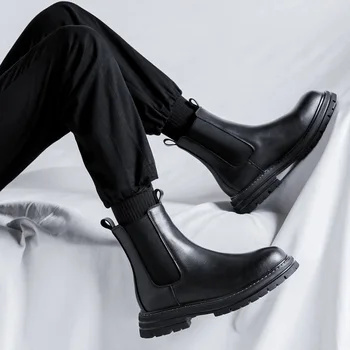 pánske luxusné módne chelsea topánky čierne originálne kožené topánky strany prom šaty kovboj členok boot pekný platformu členok botas