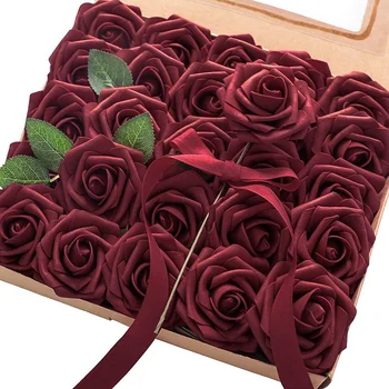 Umelé Kvety 25Pcs Reálnom Pohľade Burgundsko Falošné Ruže s Stonky pre KUTILOV, Svadobné Kytice, Červené Svadobné Sprcha Retail