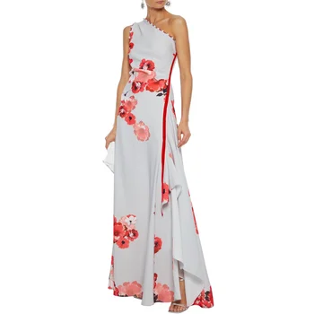 Ženy Dráhy Šaty Vysokej Kvality 2023 Sexy Jeden-ramenný Kvetinový Vytlačené Skladaný Maxi Šaty Jupe Longue Femme