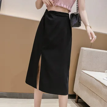 Letné nové pure color nepravidelný vysoký pás tenké čierne štrbinou záhybov zábal zadok pre ženy dlho tylu skladaný asymetrické sukne