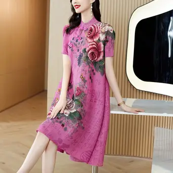 Skladaný retro lepšiu cheongsam šaty žena 2022 lete nové módne pivónia kvet krátky rukáv príležitostné o krk šaty žena topy