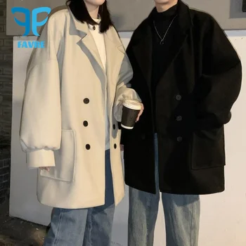 FAVRE Strednej Dĺžky Vlnené Kabát Muži Ženy Voľné Páry Windbreaker Bunda na Jeseň Zima kórejský Módne Dvojité Breasted Kabát