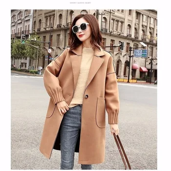 2022 Jeseň Elegantná Módna Vlna Coats Ženy Kórejský Módne Farbou Slim Bunda Na Jar Dlhý Rukáv Veľké Vrecko Strednej Dĺžky Cardigan