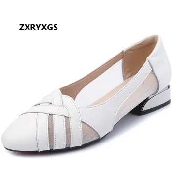 ZXRYXGS Lete Premium Mäkkej hovädzej kože Sandále Poukázal Oka Nízkom Podpätku Pohodlie Sandále 2022 Veľké Ženy Veľkosti Kožené Sandále Príliv Topánky