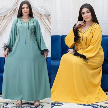 Maroko Ženy Moslimských Abaya Dubaj Arabčina Turecko Diamanty Pierko Maxi Šaty Eid Ramadánu Islam Dubaj Jalabiya Kaftane Vestidos Šaty