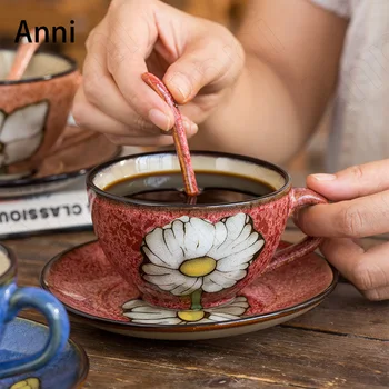 American Vintage Ručne maľované Hrnčeky Tvorivosti Kvet Maľovanie Keramické Šálku Kávy s Lyžicou Dráha Domov Popoludní Čaj Riad