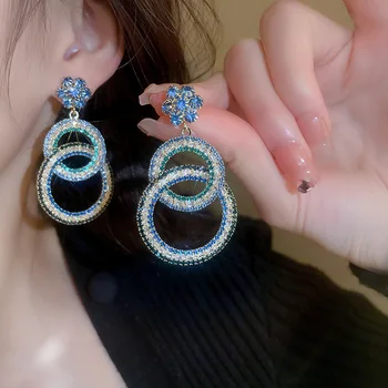 Luxusné Šperky Modrá Mikro Vložkou Zirconia Kruhu Veľké Náušnice Pre Ženy Prehnané Crystal Kvet Vyhlásenie Earings Strany