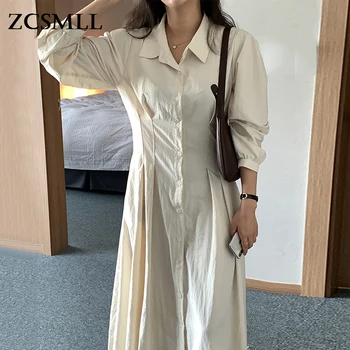 ZCSMLL Nika Klope Single-breasted Skladaný Pás Chudnutie podkolienok Dlho Lístkového Rukáv Šaty Žena kórejský Jeseň