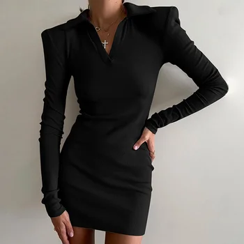 Crystal Jeseň Rebrovaný Sexy Y2K Šaty s Dlhým Rukávom V-Neck Bodycon Mini Šaty Pre Ženy 2022 Klubu Strany Elegantné Pevné Oblečenie