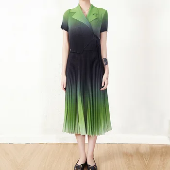 Šaty Pre Ženy Miyake Skladaný 2022 Nový Príchod Krátke Rukávy Úsek Módne Gradient Farby, Vysoký Pás Šaty Slim