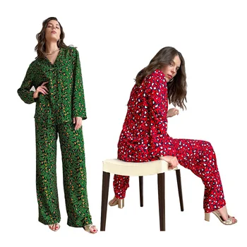 2 ks dámske Pyžamo Sady Žena Leopard Tlač Dlhý Rukáv Sleepwear V Krku Nohavice Vyhovovali Domáce Oblečenie Sexy Pijamas