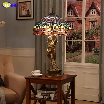 FUMAT Európsky Štýl Pastoračnej Stolové Lampy, Vintage výtvarné Umenie vitráže Stojan Svetlá Tiffany Dragonfly Tieni Tabuľka Svetlá