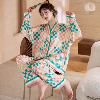 Nové Jeseň dámske Pyžamo Set Roztomilé Tlač Sleepwear Hodváb Ako Odev Bežné oblečenie pre voľný čas Odev Femme