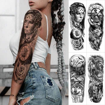 Veľké Arm Tattoo Rukáv Hodiny Lev, Vlk Nepremokavé Dočasné Tatto Nálepky Rose Lesa Eagle Mesiac Body Art Full Falošné Tetovanie Ženy