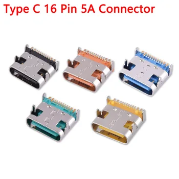1pcs USB 3.1 Typu C Konektor 16 Pin 5A Vysokú vodivosť medi Žena Zásuvky nádoby Cez Diery PCB 180 Vertikálne Štít