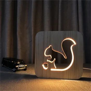 3D Veverička Drevené DIY Nočné Svetlo Krásne Strany Dieťa Stôl, stolná Lampa LED Osvetlenie Darček USB Dekor Nočného Narodeniny Jedinečný Dar