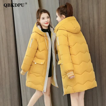 Nadrozmerné Strednej Dĺžky S Kapucňou Bavlna-Vatovaný Kabát Zimný Zahustiť Teplé Zips Puffer Bunda Ženy Kórejský Voľné Parkas Bežné Outwear