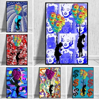 Pop Art Abstraktné Dievča S Kvetom Plátno Maľovaní Plagátov a Tlačí na Steny Umenie Obrázok Pre Obývacia Izba Domáce Dekorácie