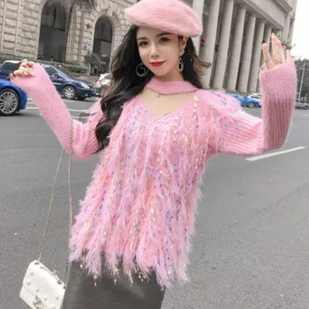 kórejský sladké ženy strapce pnk svetre žena duté von V krku strapce pletené pulóvre žena fringe ružový sveter