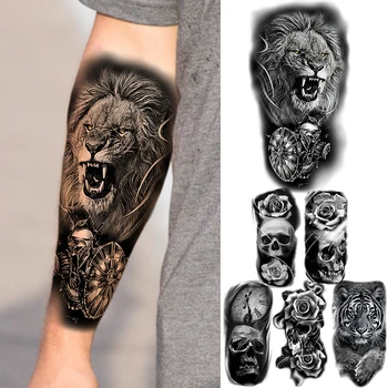 Realistické Black Lion Bojovník Dočasné Tetovanie Pre Mužov, Ženy, Dospelých Lebky Ruže Kvet Kompas Tiger Falošné Tetovanie Umývateľný Tatoos
