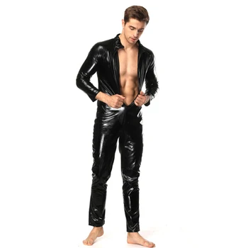 Plus Veľkosť S-5XL Muž PVC Kože Kombinézu Black Otvorené Rozkroku Zips Jumpsuit Mens Fetish Latex Clubwear Catsuit